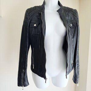 Black Rivet Black Genuine Leather Jacket Motorcycle Size S Pocket ZipUp Women